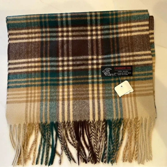 TZ Promise - Cashmere Feel Scarf / Teal, Brown, Cream Tartan - NWT - Picture 3 of 4